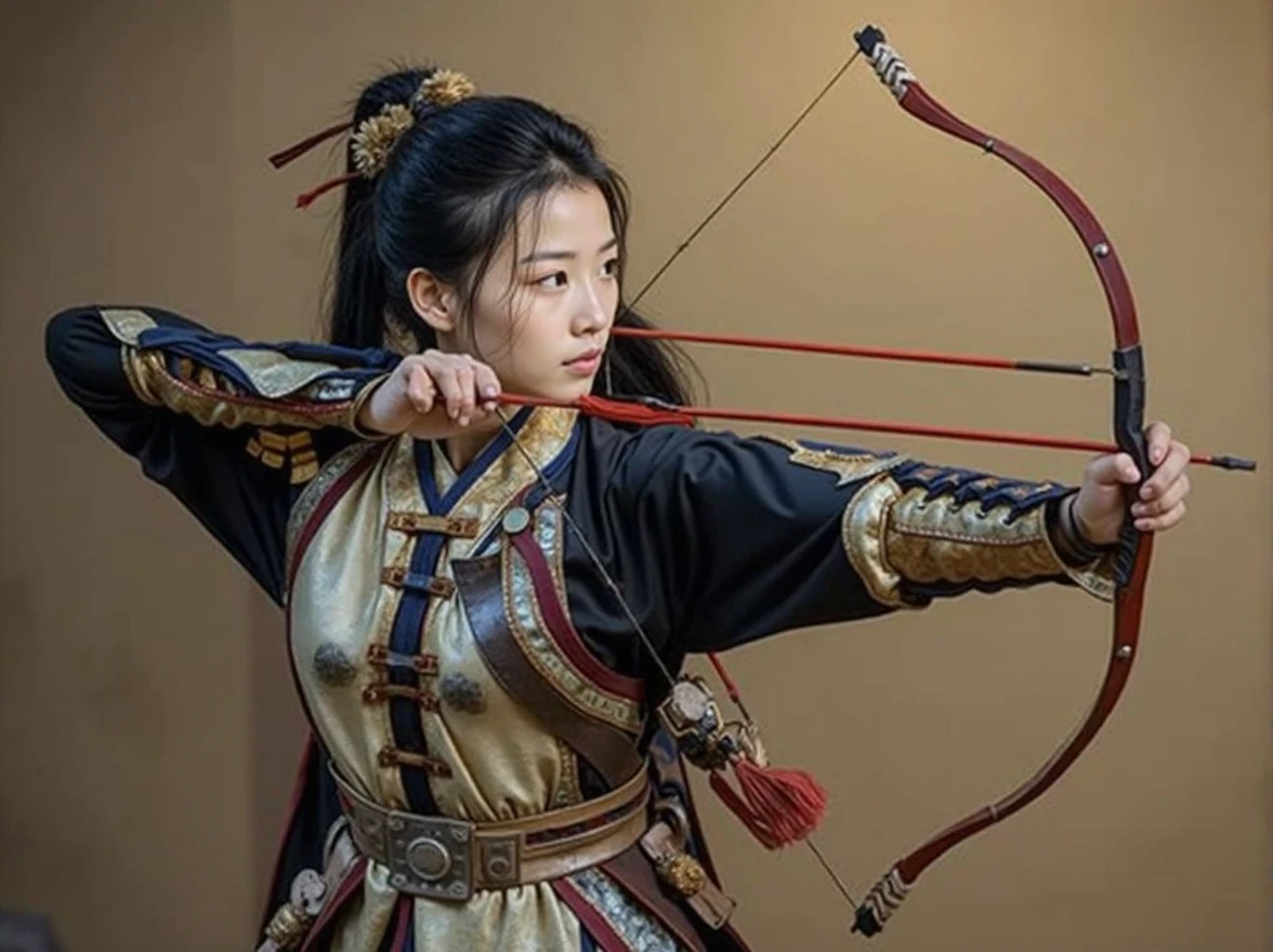 Front view , a Chinese female warrior, (1 girl is drawing a bow and arrow, showcasing both Eastern archery styles:1.3)(Surrealism, UHD, retina, accurate, masterpiece, anatomically correct, textured skin, super detail, high details, best quality, highres)