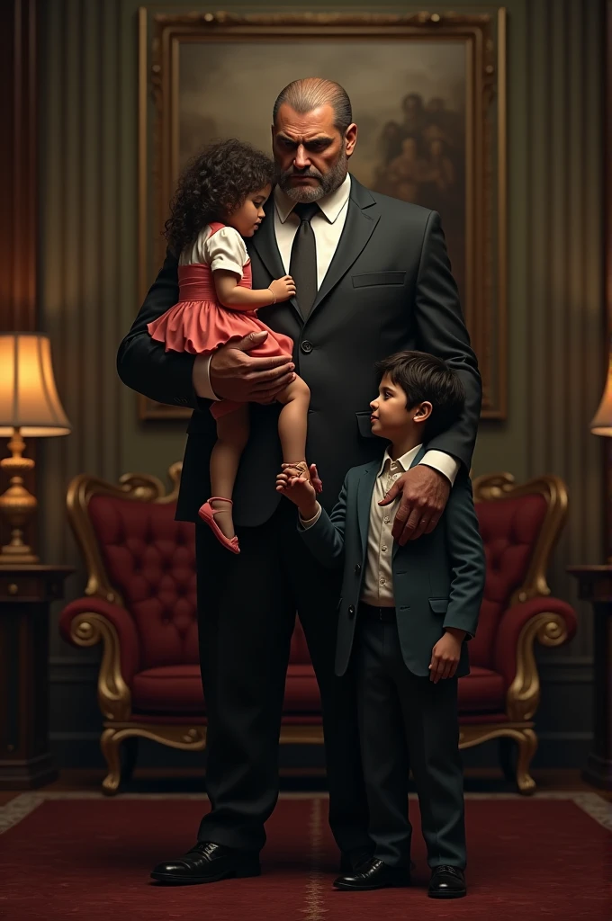 Mafia boss hold his younger daughter in his arm and hold hand with a son