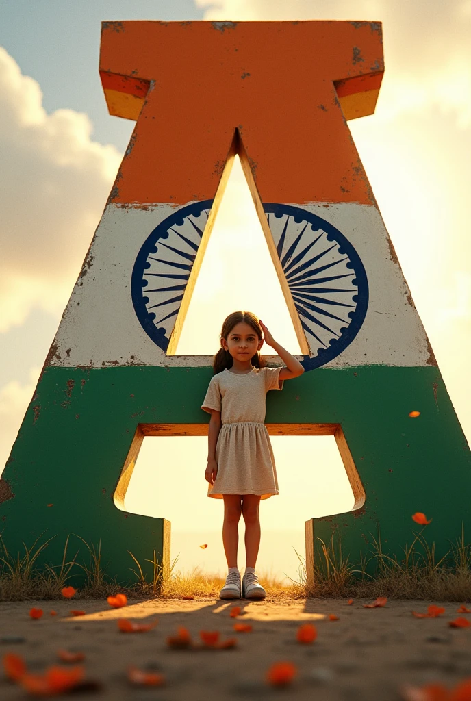 BING

create a realistic image shows a young girl saluting, standing beside a large letter 'N' adorned with the colors of the Indian flag. This artwork could be celebrating Indian culture or could be used in contexts promoting national pride. Based on this, here's a prompt idea