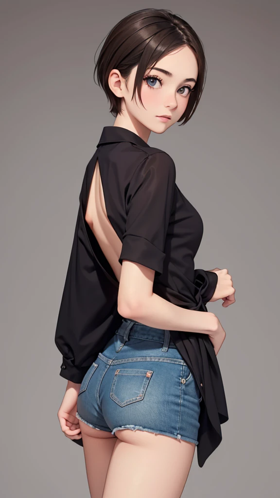 (((masterpiece, best quality, ultra highres, 1 girl, solo, no background))), super detailed skin and face and eyes and finger, beautiful japanese woman, small breasts:1.5, skinny, light brown hair, white background, very short pixie hair, knee shot, Generate with illustrations, Various expressions, Various poses, The background should be simple, with the character positioned centrally, outline, anime, 2d, boyish, expressionless, thong, back view,