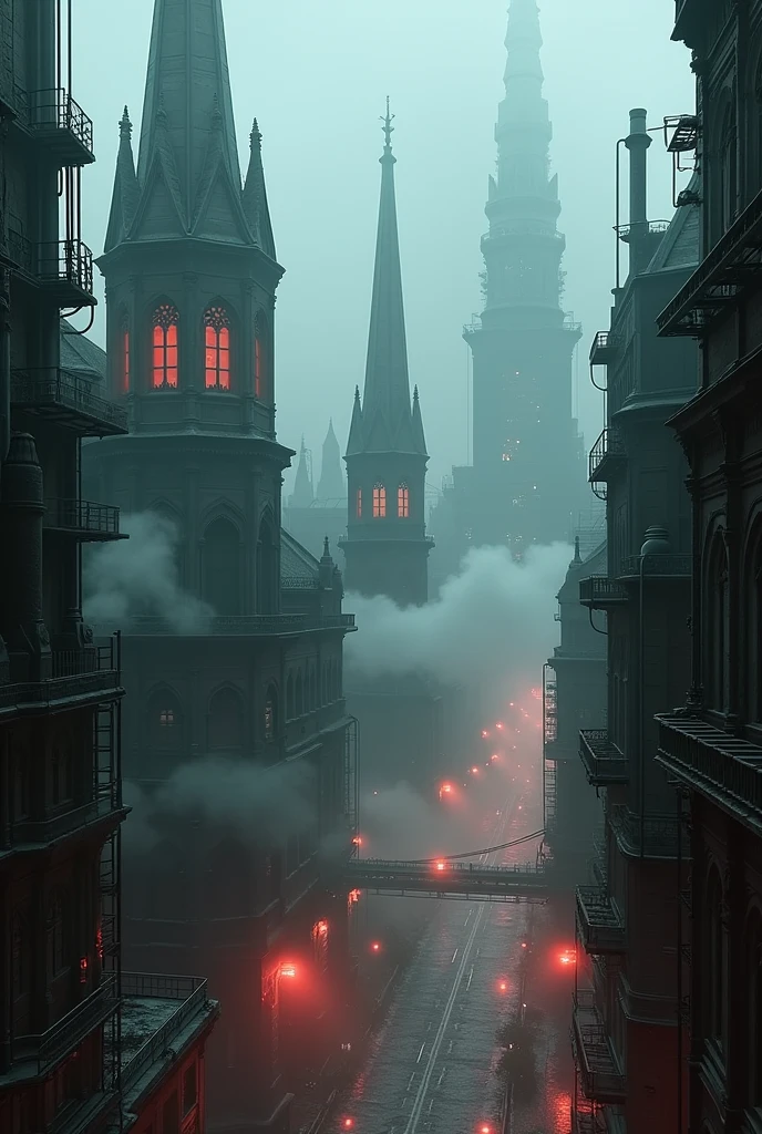 The city will have an industrial feel, with steam rising from vents and machinery integrated into the gothic architecture. The streets will be wet, reflecting the reddish glow from neon lights and industrial lighting. The gothic structures will maintain their dark, intricate designs, but with added elements like large chimneys, metal scaffolding, and pipes running along the buildings. The fog will be thick, partially obscuring the towering spires and futuristic elements, creating a moody, dystopian vibe while still keeping the gothic and futuristic mix. The view will be from above.