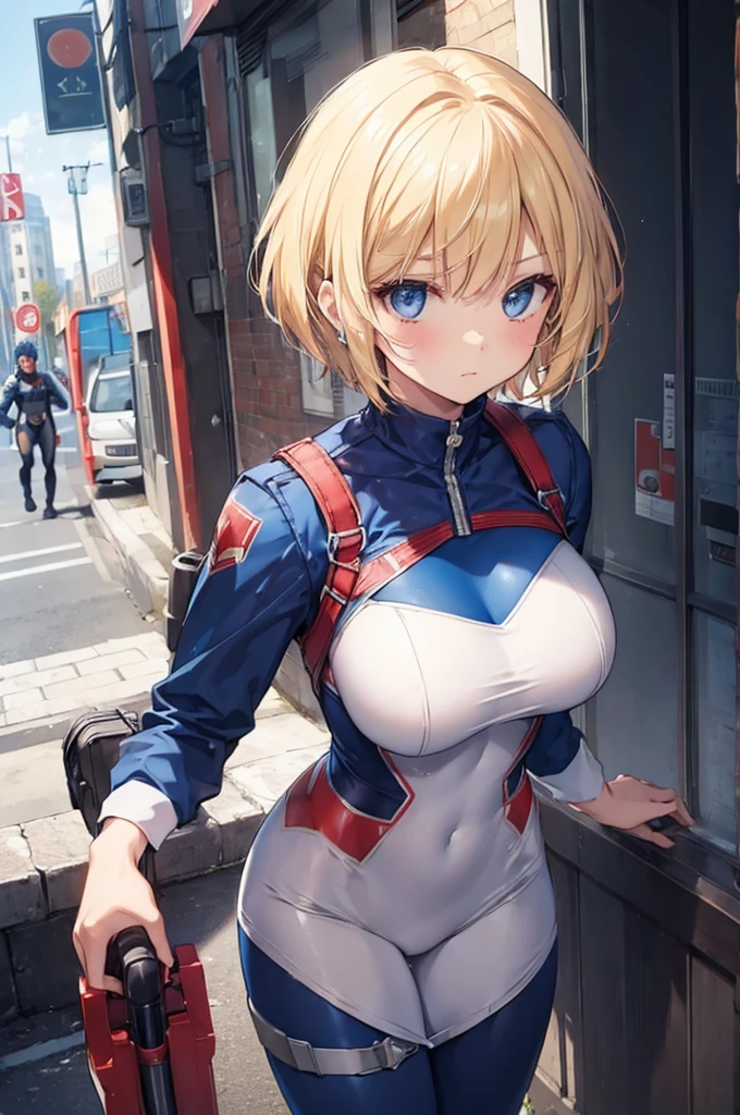 (((hero suit))), girl, solo, blond, short cut, breast, atack