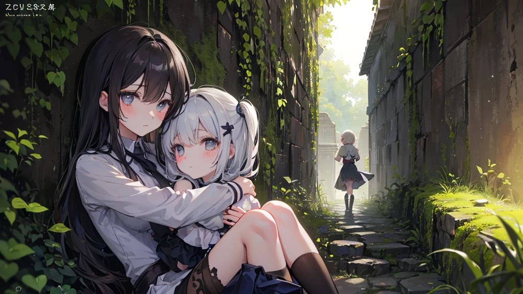 In the dark and damp dungeon,A faint ray of light shone through a crack high above.,Illuminating a pair of sisters who are closely connected。My sister hugged her sister tightly,Protect your sister completely in your arms,The younger sister buried her face in her older sister's chest,Fear in the eyes,
The walls of the dungeon are covered with moss,The air smells musty,The elder sister's long hair falls on the younger sister's shoulders,8k