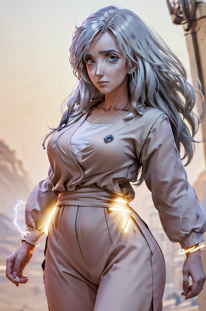 8k, Best Quality, masterpiece, Victoria Villarruel dressed as Goku, 1 girl, ultra_instinct, white_hair, glowing aura, bright white long hair, floating hair raised, bright silver eyes, slim with wide hips, serious mocking expression. outdoor, clearing, plain, desert.