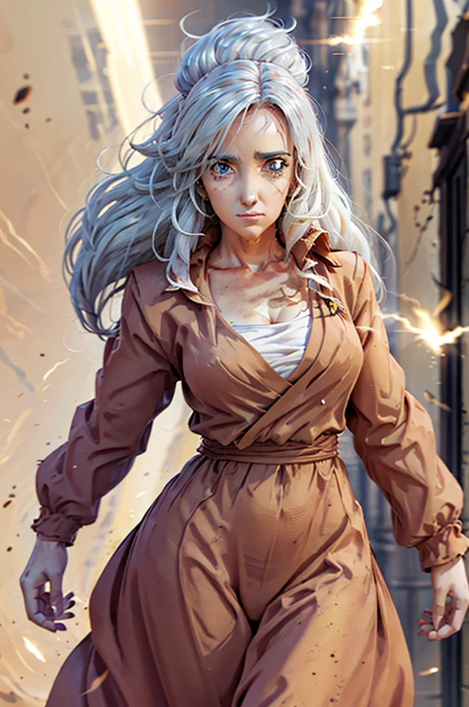 8k, Best Quality, masterpiece, Victoria Villarruel dressed as Goku, 1 girl, ultra_instinct, white_hair, glowing aura, bright white long hair, floating hair raised, bright silver eyes, slim with wide hips, serious mocking expression. outdoor, clearing, plain, desert.