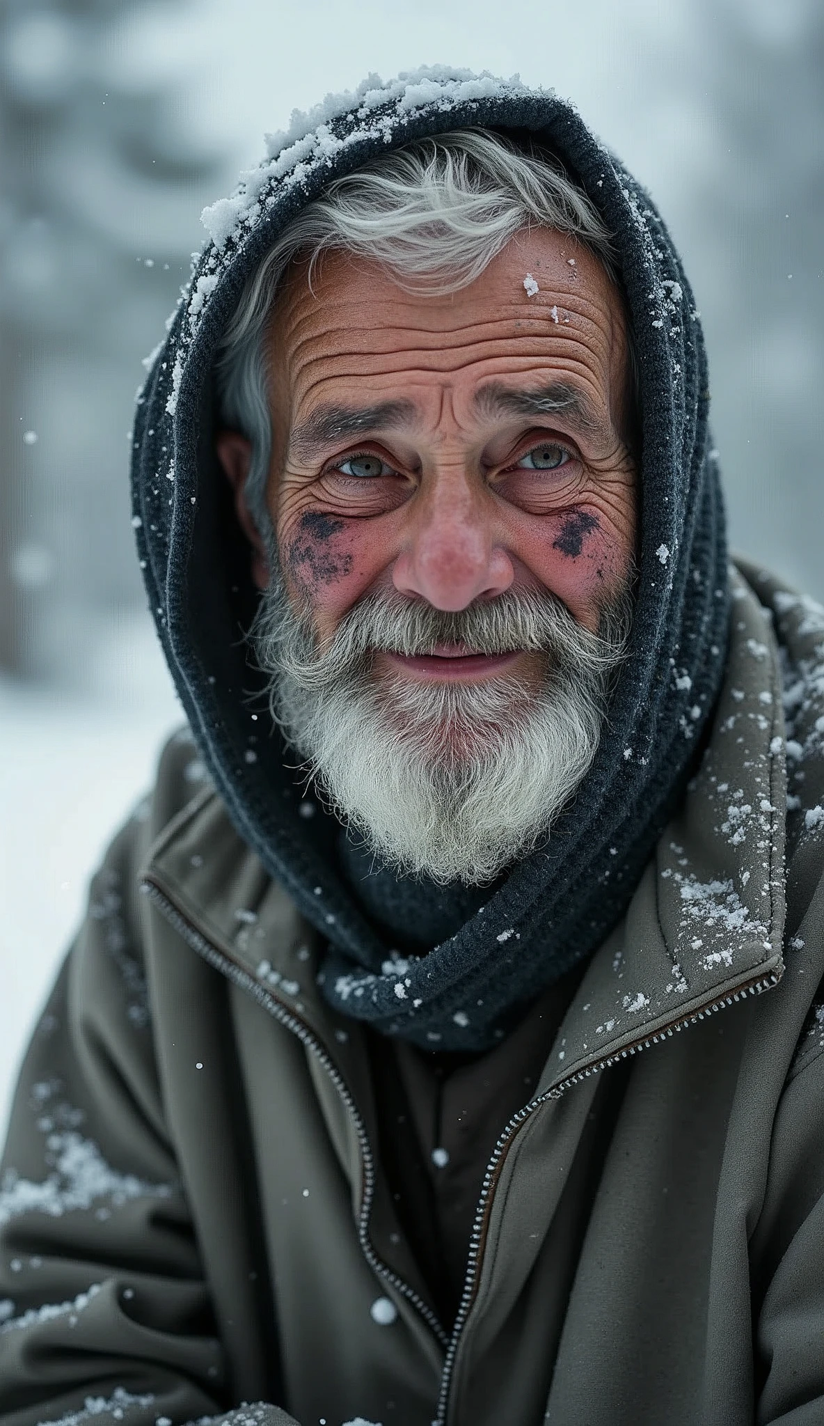 An extremely poor 70-year-old man with black oil marks on his dirty face and unmaintained beard, hair and nails are very dirty wearing a torn plain single grey shirt that barely covers his body looks sad and sorrow, smiling faintly, snowfall continues around him