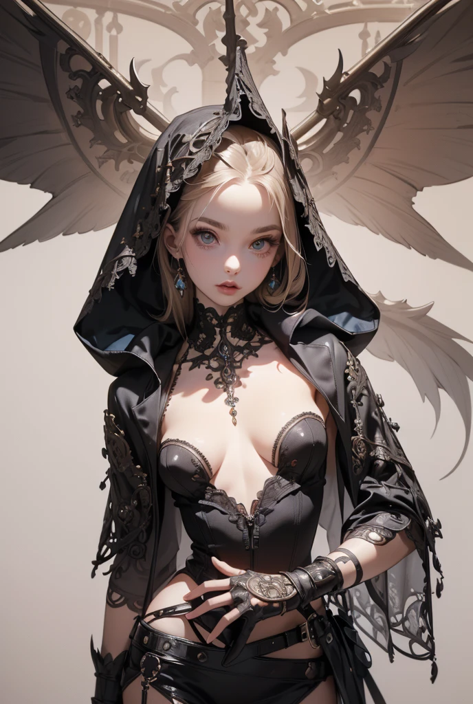 (((masterpiece, of the highest quality, super detailed))), (a witch belonging to an occult order of knights), (a knight crossed with a witch), Victorian era inspired, ((minimal but intricate beautiful armour)), Fluttering lace flared dress with frilly petticoats, ((nier automata meets bloodbourne)), ((((Highly detailed face))), (big forhead:1.2), (((Very sharp focused eyes))), very long eyelashes, small breasts, (((flat chest:1.1))), occult aesthetic, (red and white clothing detailed and intricate steampunk and detailed gothic), (with a hood), complex lace boots,