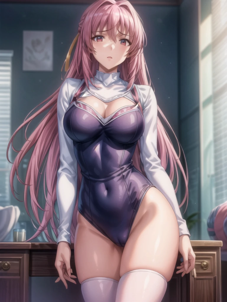 Mature Woman, (Mature Woman:1.3) eternally, shut up, Looking at the audience,pink hair,red eye,黄colorいリボン,length_hair, Slim and sexy shape, whole body,the bestquality, (8k), (4K),(masterpiece), (the bestquality), Very detailed, Game CG, Wheel within wheel, Very detailedな, shape, Beautiful body,Beautiful Nose,fair角color設計, 完美的eye, 完美face蛋, 1 girl, Open your mouth, face红,1 girl, 20 years,young woman,fair Finger,fair length legs,fair body, fair Nose,fair character design, perfect eye, perfect face,expressive eye,Perfect balance, Looking at the audience,(Focus on her face),shut up, (Innocent_大きなeye標_eye:1.0),(Light_笑face:0.3), Official Art,Very detailed CG Unity 8k wallpaper, Perfect lighting,rich and colorful, bright_front_face_Lighting,White skin, (masterpiece:1.0),(the best_quality:1.0), Ultra-High resolution,4K,Very detailedな, photograph, 8k, High resolution, High resolution, Absurd:1.2, Kodak Portrait 400, Film Grain, Blurred Background, Bokeh:1.2, 鏡頭Light暈, (full of energy_color:1.2), (fair,大きなeye標_chest:1.4), (fair_face:1.5),(narrow_Waist), White high leg leotard:1.5, (Intense orgasm:1.5, Love juice flowing from the crotch), (Lewd pose with legs spread:1.5), 