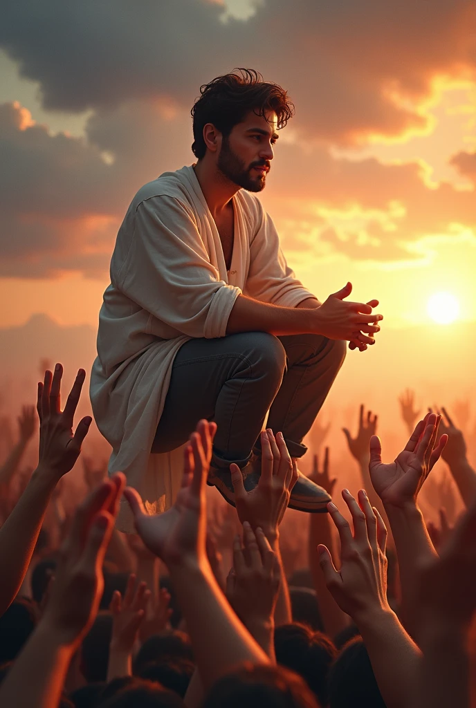 A young man with dark hair and a beard sitting on a crowd of people's hands against a dramatic sky with a right sun