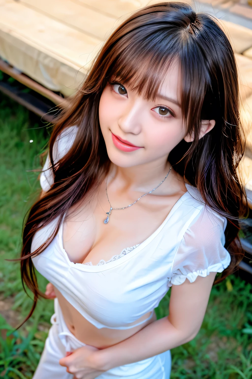 ((Full Body Angle))、seed:2408754176((Highest quality, 8k, masterpiece: 1.3)), concentrated: 1.2, Cute girl 1,Nipples erect、 Perfect beauty: 1.4,T letter print short sleeve shirt.Randall Color、comics&Text Graphics、Black ruffle-trimmed drawstring zip blouse,1.1, Highly detailed face and skin textures, Fine grain, double eyelid, whitening skin, ,Highest quality,Ultra-high resolution,you,1 girl,alone,_Shiny_skin,Iris,necklace,((brown_length_Wavy_hair)),(lips)),eyelash,Front hair,deal with,compensate,Shiny,pore,skin texture,Large Breasts、smiling face、((Front hair:1.1))、stroll、(from above))