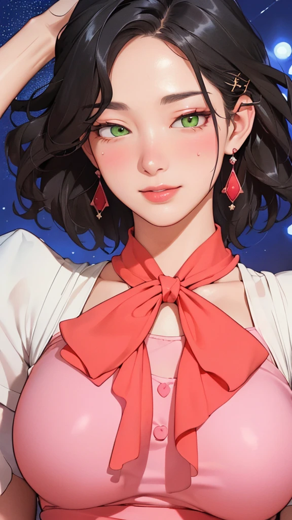 ((((masterpiece, Highest quality, High resolution)))), Extremely detailed 8K, Beautiful girl with a voluptuous body, (Ultra HD, Very detailed, Very detailed, Very realistic, Ultra-realistic, Photo Real), (One girl:1.5), (Realistic black hair), (Short Wavy Hair, hair ornaments, Earrings), (Dynamic pose), To the camera, View your viewers, (Blushing, Embarrassing, Exhausted, smile), (Green Eyes, Sharp eyes), (Huge perky breasts:1.2), (Beautifully detailed face, Beautiful attention to detail), ((キラキラShine黒のシルクスリットドレス)), (detailed pussy), (stand up), Sweat, Shine, (Night Light), ((Cowboy Shot)), Jazz Bar, Fascinating