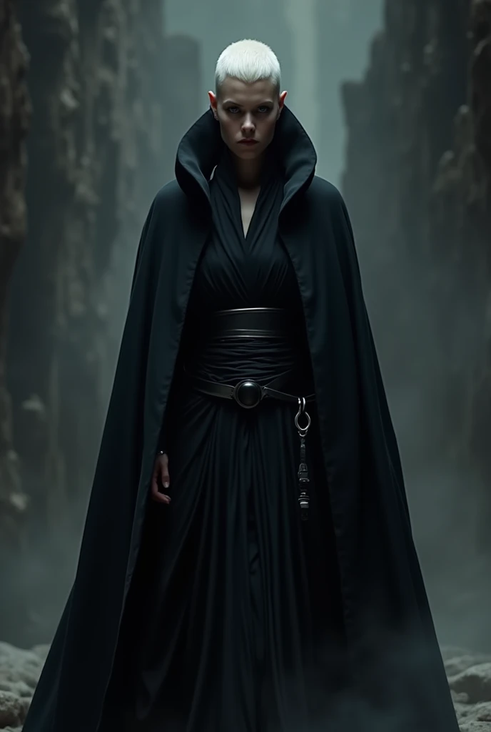 Female sith, buzzcut, black robe, standing, frontal, black hood