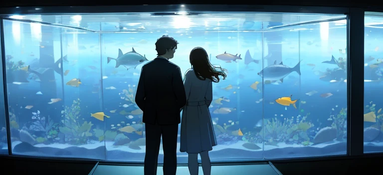 Man and woman standing in aquarium、Rear view