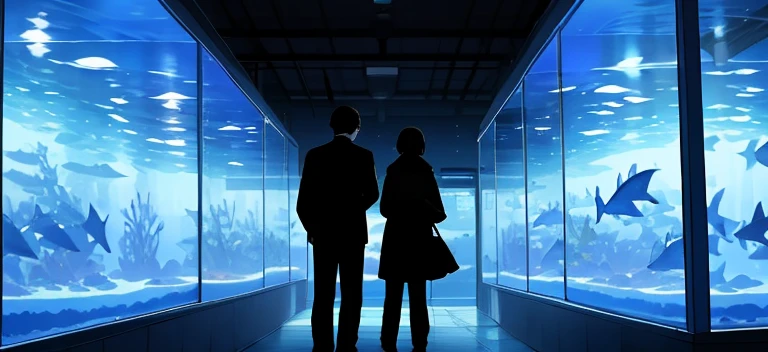 Man and woman standing in aquarium、Rear view