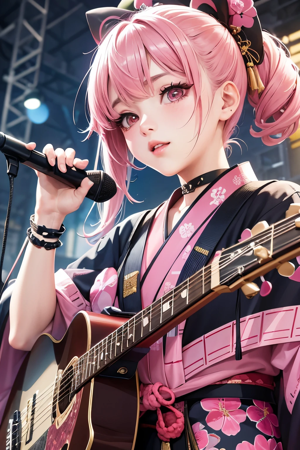 masterpiece, best quality, very detailed, high resolution, expensive resolution, high resolution, 4K, 8k, Unity 8k wallpaper, highly detailed CG, masterpiece, 2D, 3D, beautiful details, depth, fine texture, best quality: 1.3, perfect focus, crispy skin, he,
Very cute anime girl, girl playing guitar vocals in a band wearing a Japanese fancy floral haori hakama, on outdoor stage, full body, expensive pink and black short twin tail hair, mole under eye, looking at the viewer, expensive, blush, mole, lips open, , heart choker, pink eyes, guitar vocals, stage