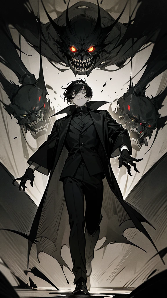 a young man with short black hair, glowing golden eyes, wearing a long black coat, neutral expression, surrounded by nightmarish surreal creatures with large terrifying eyes and sharp jagged teeth emerging from darkness, monochrome sketchy highly detailed style