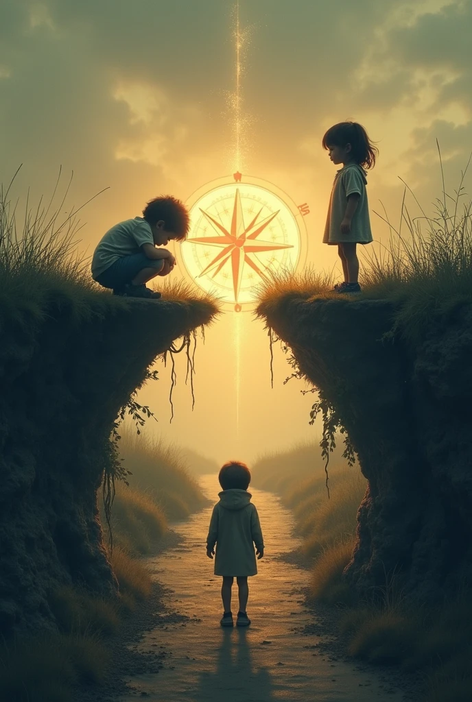 ### Left Side (Hopeless Child):
- **Statement**: "Lost in Uncertainty..."
- **Placement**: Near the slumped child, where the path is rugged and winding.
### Right Side (Confident Child):
- **Statement**: "Finding My Way Forward!"
- **Placement**: Near the child standing tall and confident, close to the smoother path leading to the compass.
### Center (Compass):
- **Statement**: "Guidance is the Compass to Your Potential"
- **Placement**: Just below or above the glowing compass in the center of the poster.
These statements should help convey the emotional transition from despair to hope, aligning with the visual journey depicted in the poster.
Please add dialogue