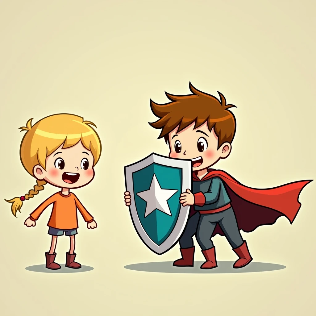 Two little kids boys holding a shield together,Shield against mature sexy woman doll,Simple comic style、Bright colors,