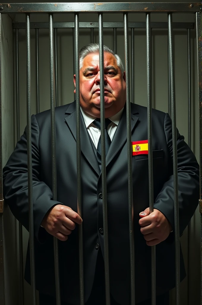 Fat politician with a little Spanish flag on his lapel and locked in a cage