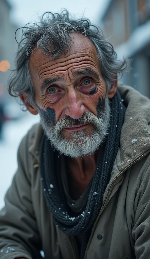An extremely poor 70-year-old man with black oil marks on his dirty face and unmaintained beard, hair and nails are very dirty wearing a torn plain single grey shirt that barely covers his body looks sad and sorrow, snowfall continues around him