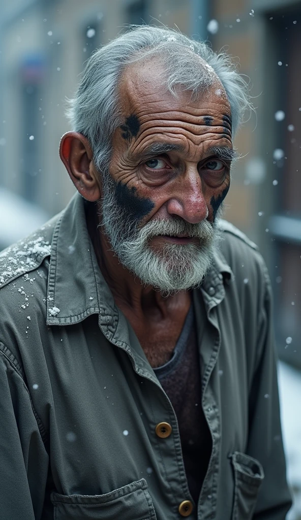 An extremely poor 70-year-old man with black oil marks on his dirty face and unmaintained beard, hair and nails are very dirty wearing a torn plain single grey shirt that barely covers his body looks sad and sorrow, snowfall continues around him