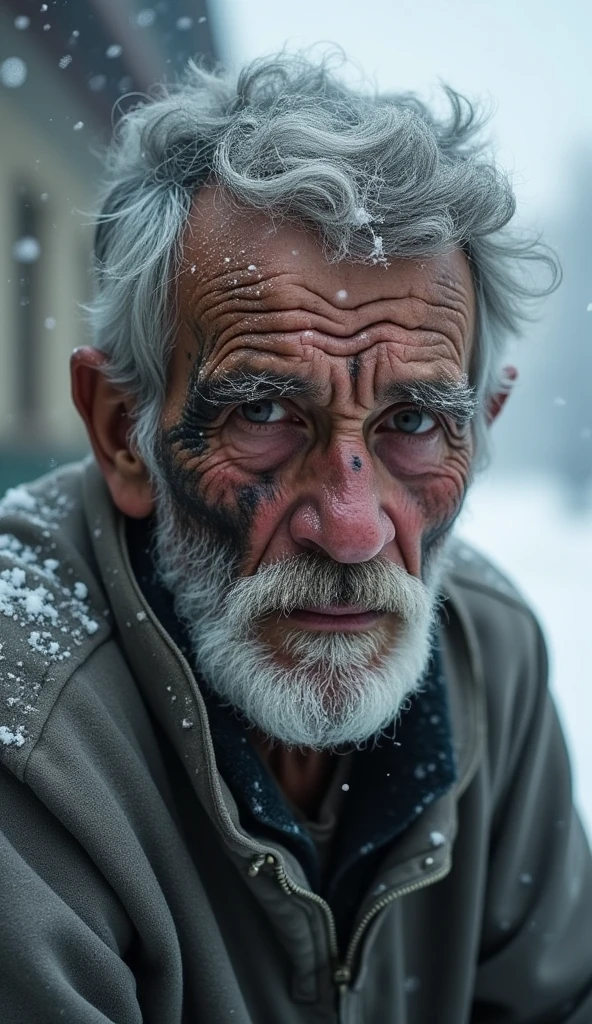 An extremely poor 70-year-old man with black oil marks on his dirty face and unmaintained beard, hair and nails are very dirty wearing a torn plain single grey shirt that barely covers his body looks sad and sorrow, snowfall continues around him