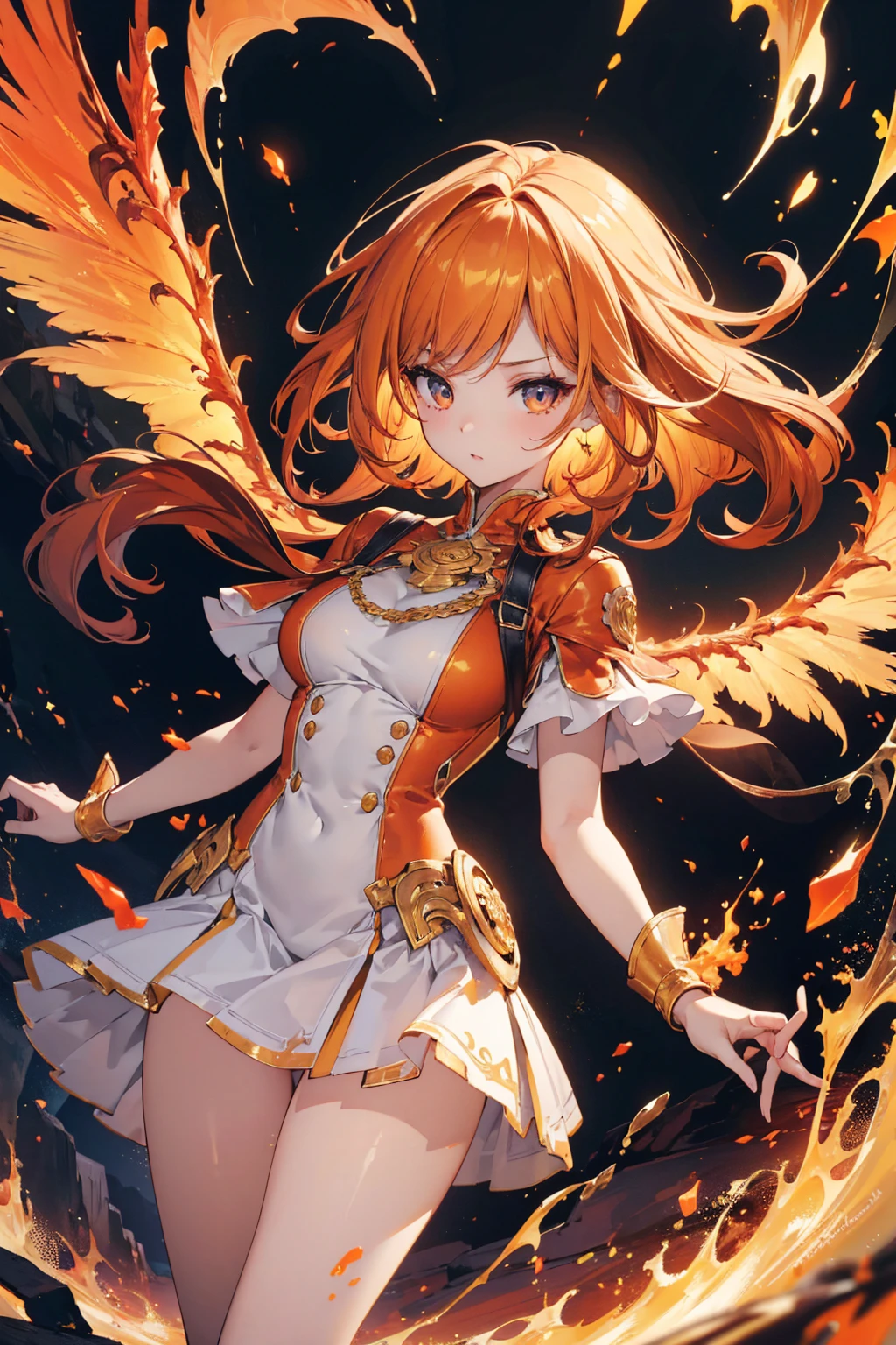 extremely detailed CG unity 8k wallpaper, RAW photo, best quality, masterpiece:1.2), ultra detailed, ultra high res, high detail RAW color photo, professional photograph, an extremely delicate and beautiful, Amazing, finely detail, extremely detailed beautiful girl, extremely detailed face, extremely detailed eyes, extremely detailed skin, extremely detailed fingers, extremely detailed nose, extremely detailed mouth, perfect anatomy, Photo of Pretty woman, 1 girl, warm-colored hair, warm-colored eyes, feathered wings, fire-tipped edges, ornate outfit with warm colors or white, black or gold, volcanic landscape, molten lava, fiery skies, elemental fire affinity, dynamic, powerful presence, swirling flames, mid-flight, ready to take off