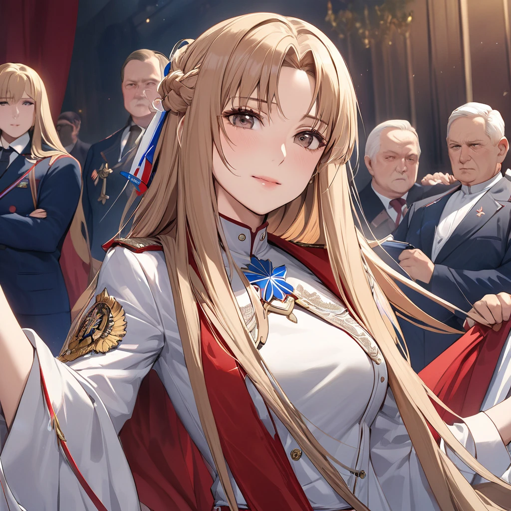 ((Highest quality)), ((masterpiece)), (detailed), (Perfect Face)、The woman is Yuuki Asuna, a Russian with light brown, semi-long hair.、The woman is a member of the United Russia party and is beautifully dressed in the fine attire and luxurious accessories appropriate for a party member.、She is a United Russia member who is dedicated to the cause of a great United Russia, and she deeply respects and worships the leader of the Great Russian Party, a United Russia supremacist.、The woman is working for a great Russia, accompanying and following the great United Russia officials.