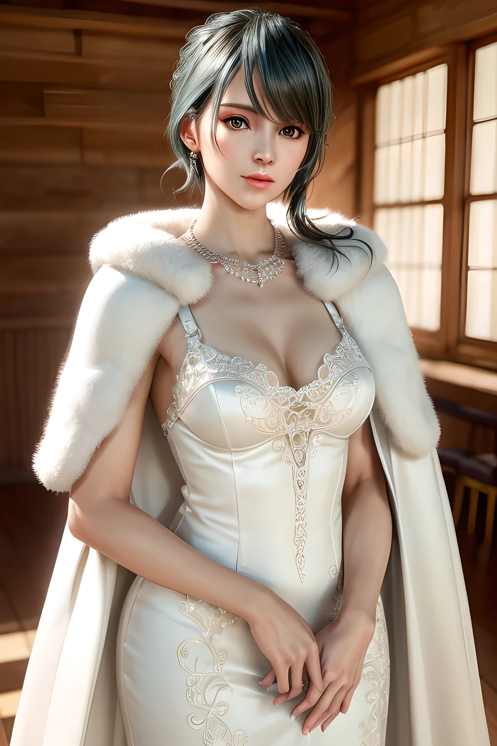 A lady with extraordinary temperament, she stands in a modern indoor space, as if she is a model from a fashion magazine. She is wearing a (pure white long fur cape), the softness and luster of which makes her look more noble under the light, and complements her (beige dress) underneath, showing her gentle temperament while maintaining a sense of fashion. The style of the dress is simple and generous, a perfect match, and it lengthens her figure, making her tall and charming. The lady's makeup is delicate and elegant, which just highlights her facial features and makes people unforgettable at first sight. Although the earrings and necklace she wears are not ostentatious, they add a bit of sophistication and nobility to her overall look. Her hair is casually draped over her shoulders, and every strand of hair exudes a natural luster,, (best quality,8k,highres,masterpiece:1.2),ultra-detailed,(realistic,photorealistic,photo-realistic:1.37),studio lighting,ultra-fine painting,sharp focus,physically-based rendering,extreme detail description,professional,vivid colors