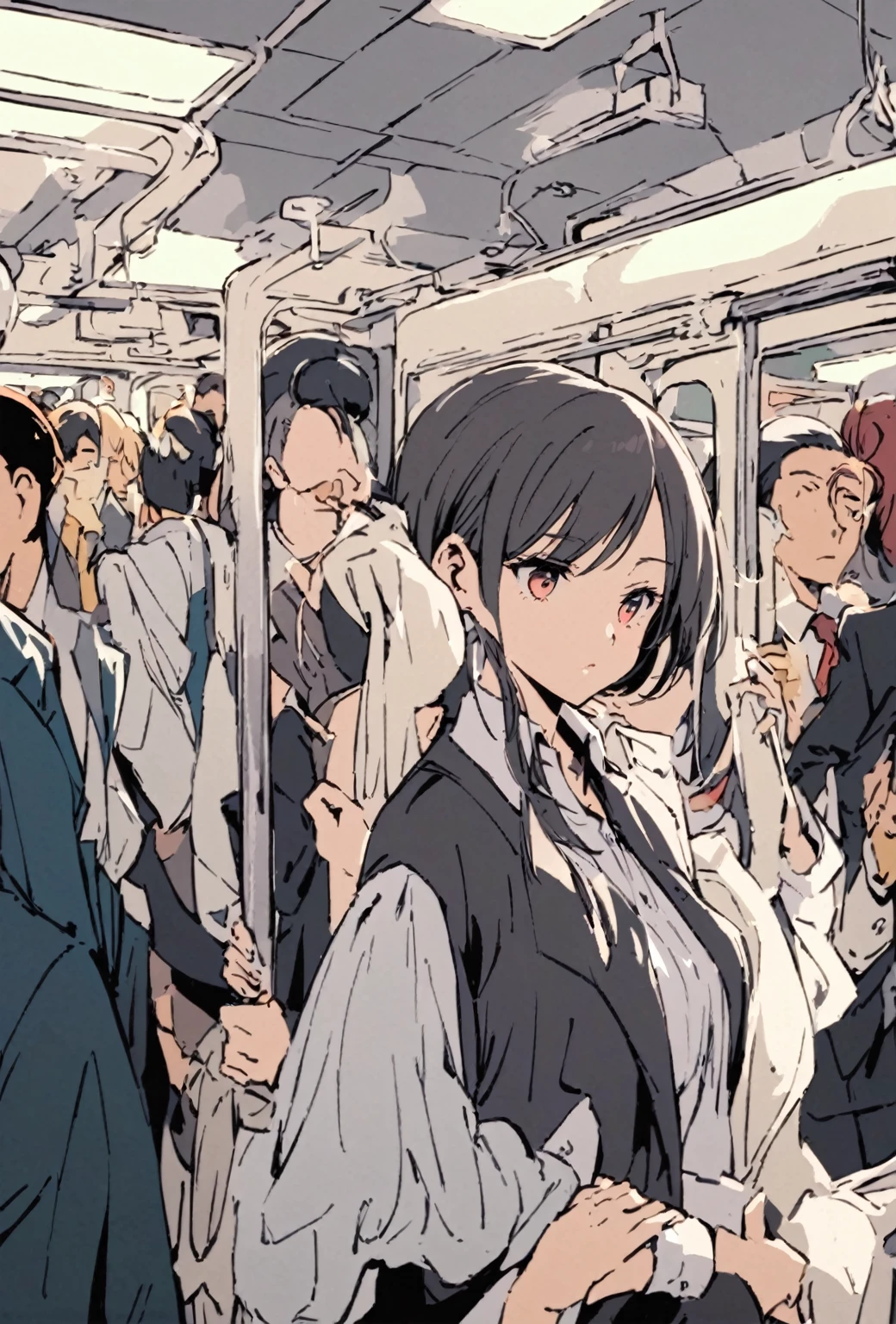 A woman stands in a crowded subway car, Tokyo Anime Scene, modern anime style, by Oze Kanaoka, very modern anime style, Digital anime illustration, Beautiful and detailed anime art, style of red line anime movie, Written by Nobuzada Yanagawa, Anime-style illustrations, Detailed digital anime art, Anime style”, Today's featured anime is still