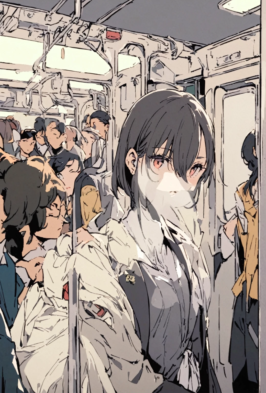 A woman stands in a crowded subway car, Tokyo Anime Scene, modern anime style, by Oze Kanaoka, very modern anime style, Digital anime illustration, Beautiful and detailed anime art, style of red line anime movie, Written by Nobuzada Yanagawa, Anime-style illustrations, Detailed digital anime art, Anime style”, Today's featured anime is still