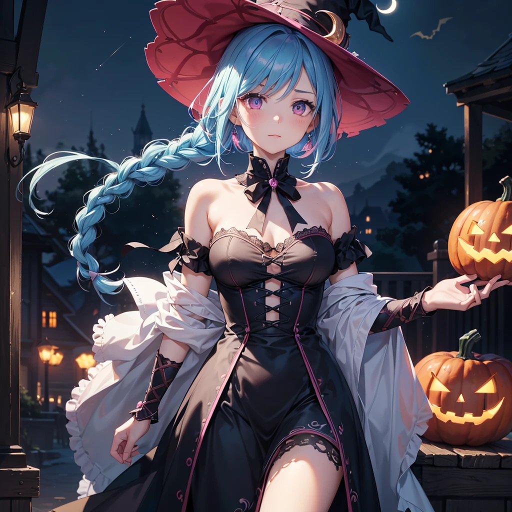(Sky Blue Hair),(Braided medium hair), (Pink Eyes),Fair skin) ,(whole body),(One Girl),(Crescent Moon),(There are many pumpkin ghosts in the background),(If you don't give me sweets, I'll be mischievous.),Halloween Night Party),(masterpiece, Highest quality, Very detailed, Best Shadow), (Detailed Background), (Beautifully detailed face), High Contrast, (Best lighting, Very delicate and beautiful), ((Cinematic Light)), Hyper Detail,8k, Dramatic Light, Intricate details,Witch's Clothes,Magic broom,Flying bats in the sky,