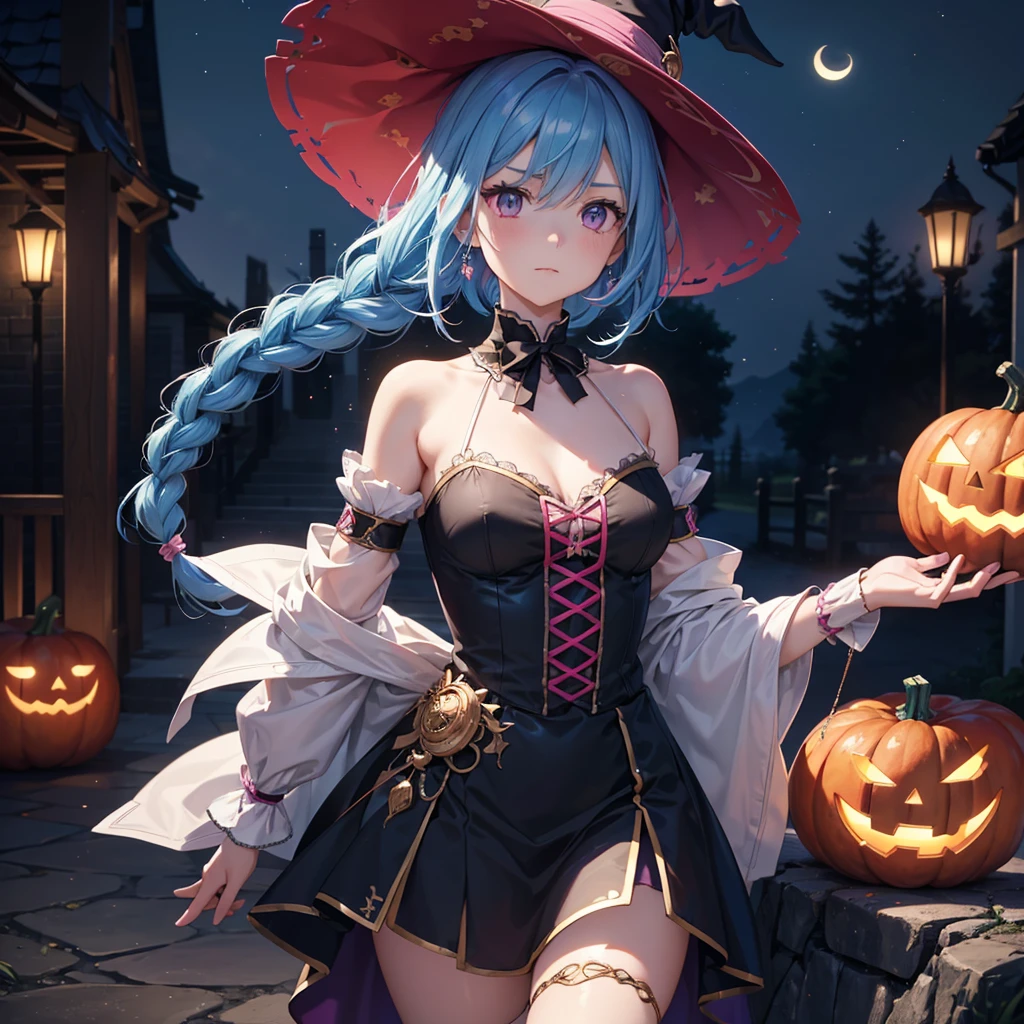 (Sky Blue Hair),(Braided medium hair), (Pink Eyes),Fair skin) ,(whole body),(One Girl),(Crescent Moon),(There are many pumpkin ghosts in the background),(If you don't give me sweets, I'll be mischievous.),Halloween Night Party),(masterpiece, Highest quality, Very detailed, Best Shadow), (Detailed Background), (Beautifully detailed face), High Contrast, (Best lighting, Very delicate and beautiful), ((Cinematic Light)), Hyper Detail,8k, Dramatic Light, Intricate details,Witch's Clothes,Magic broom,Flying bats in the sky,