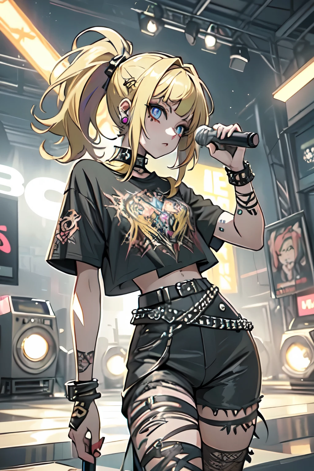 Colourful, bright atmosphere, high quality picture, masterpiece, reality, beautiful woman, big eyes, thin limbs, colourful make-up, blonde ponytail,, wearing heavy metal t-shirt,, wearing hot pants (wearing lots of metal accessories,) electric Playing guitar, on stage.