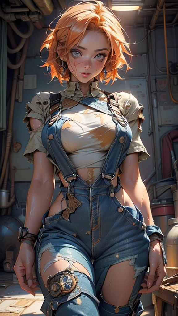 girl genie,(((1girl))),((girl with extremely cute and beautiful hair)),
(large breasts:1.4),(((orange hair:1.35,short hair))),(((eyes_orange:1.3))),intricate eyes,beautiful detailed eyes,symmetrical eyes,((fat)),((((lustrous skin:1.5,bright skin: 1.5,shiny skin,very shiny skin,shiny body,plastic glitter skin,exaggerated shiny skin,illuminated skin,wet legs))),(spider lower abdomen,narrow waist,wide hip,athletic body,inflated legs, thick thighs,detailed body,(detailed face)),
cute,slutty,seductive,erotic,(nsfw),
((woman mechanic wearing tattered worn-out revealing stained military overalls:1.4)), ((his only clothing is overalls)),(( grunge, oily, sweaty, dirty, ripped)),show skin, exposing breasts
(dynamic pose:1.0),((happy)),(centered,scale to fit dimensions,Rule of thirds),
inside,indoor,((cozy steampunk room)),scenery:1.25,((intricate scenery)),((steampunk decorations)),
(Glossy steampunk ornaments),highres,sharp focus,(ultra detailed,extremely detailed),(photorealistic artwork:1.37),(extremely detailed CG unity 8k wallpaper),(((vibrant colors,vibrant theme))),(intricate),(masterpiece),(best quality),artistic photography,(photography taken by sldr),(intricate background),perfect rendered face,perfect face details,realistic face,photo realistic,((intricate detail)),(((realism))),