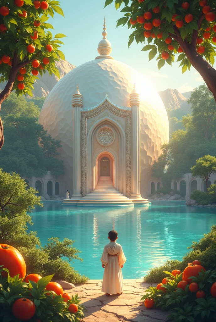 Palace made of single pearl , near a river , trees full of fruits , a boy wearing a thobe 