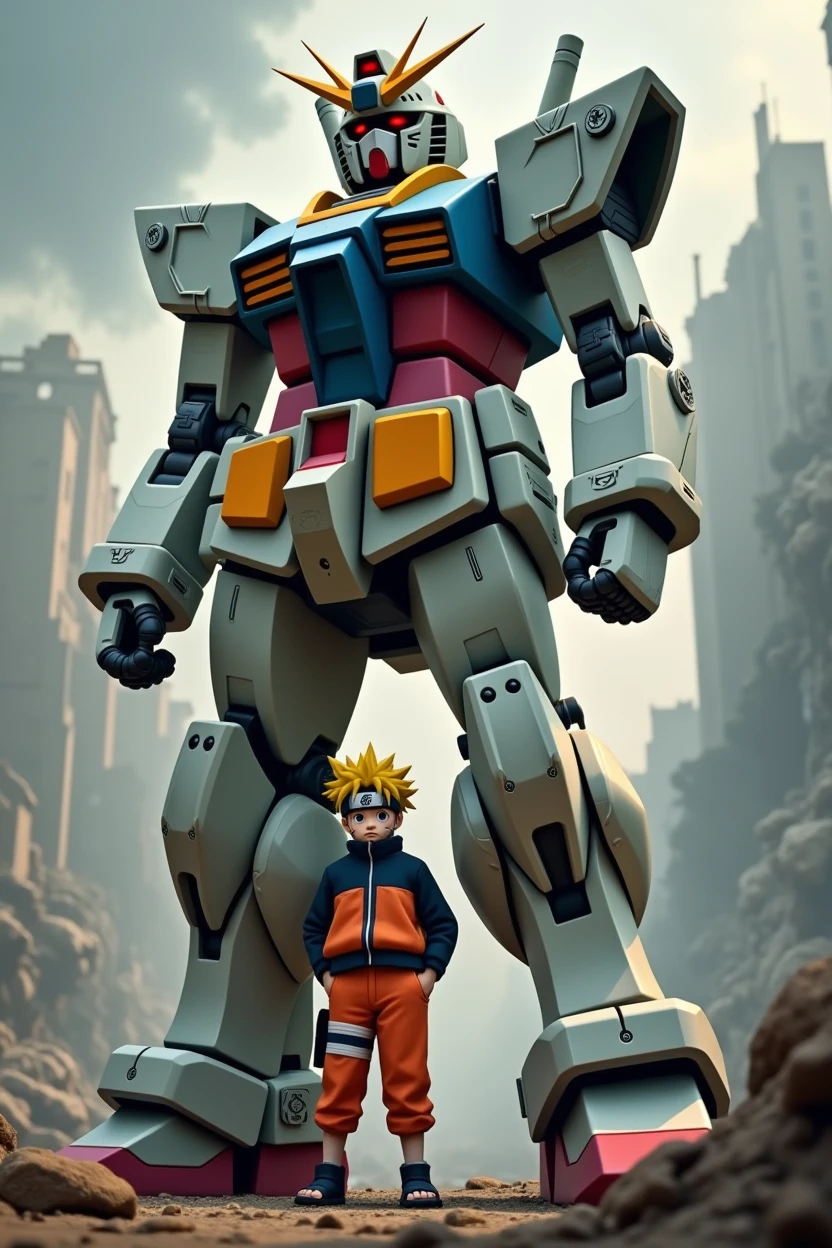 Draw a realistic an cinematic potrait of gundam character beside on naruto uzuzumaki, war background and effect