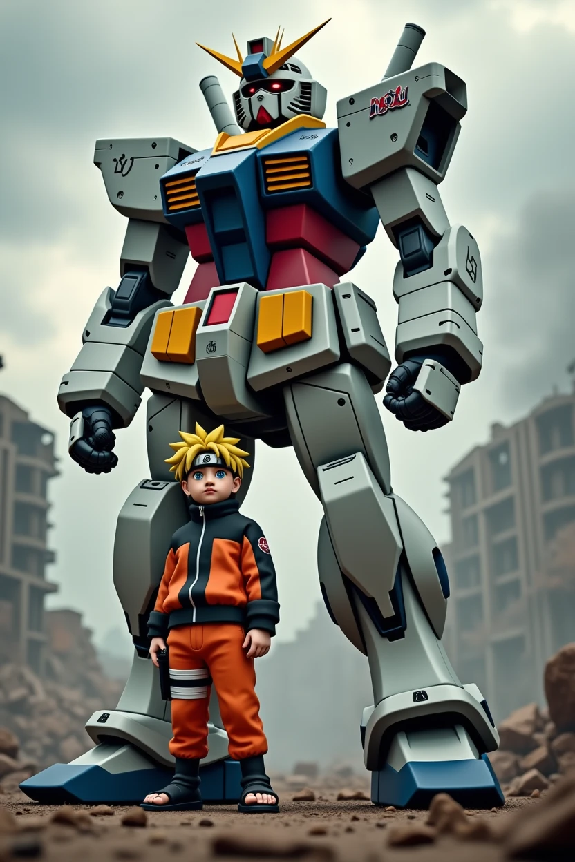 Draw a realistic an cinematic potrait of gundam character beside on naruto uzuzumaki, war background and effect