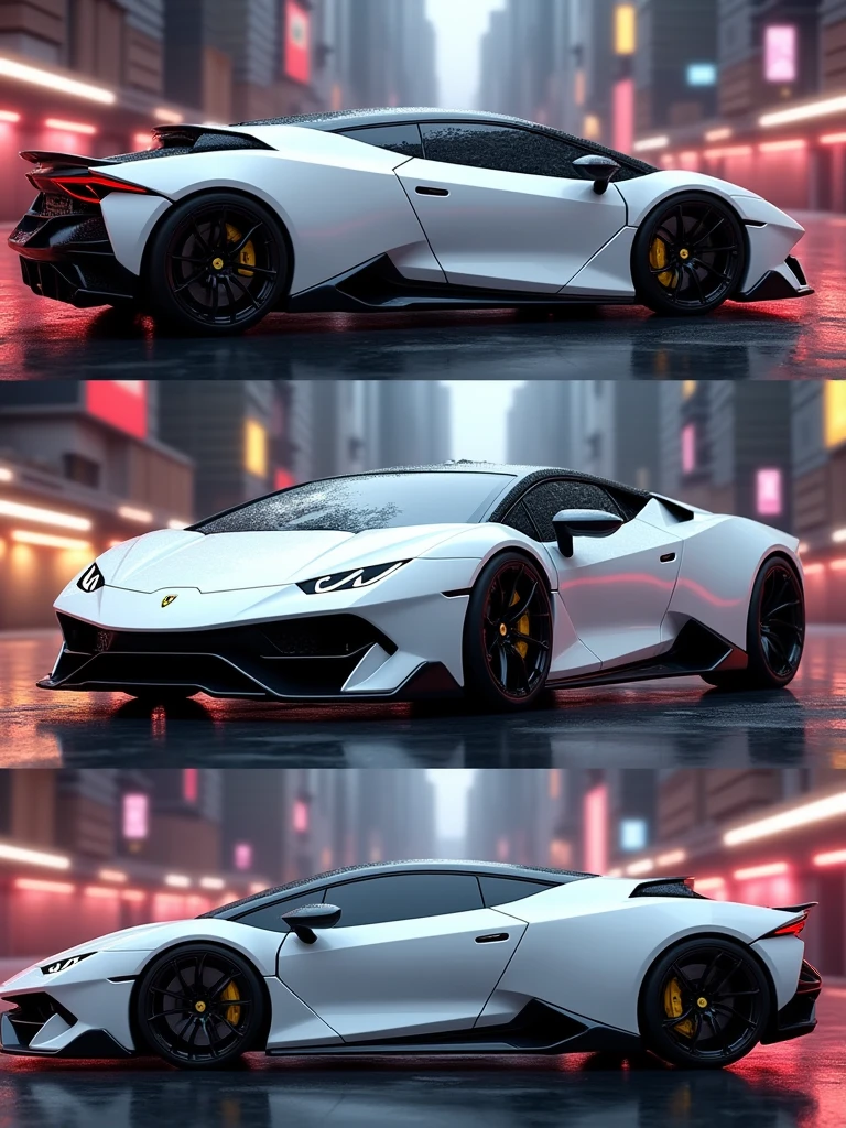 Draw a fusion of White Ferrari F-40 and White Lamborghini Countach in 3 frames:
- Front view
- Side view
- Rear view realistic