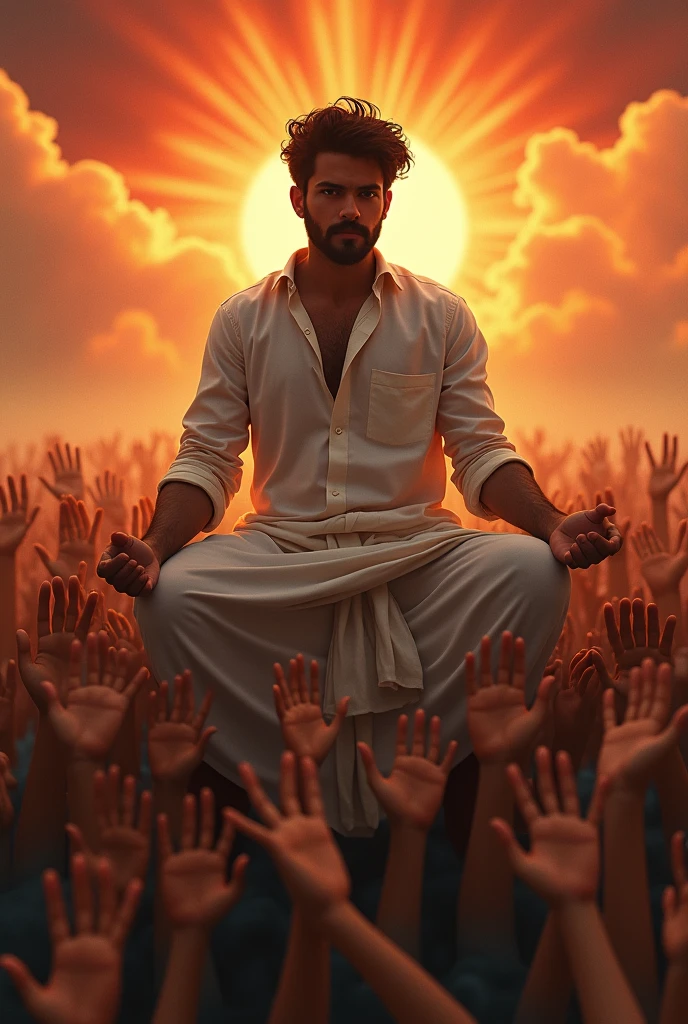 A young man with dark hair and a beard sitting on a crowd of people's hands against a dramatic sky with a right sun he wear white shirt with dhothi