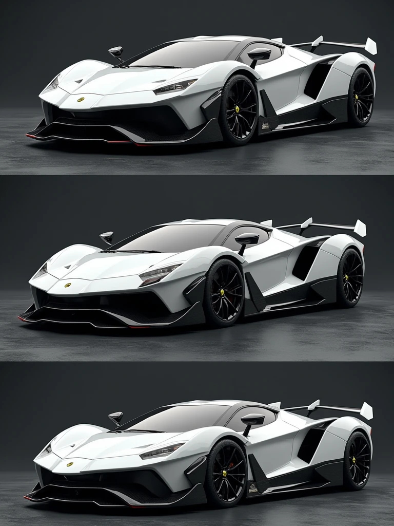 Draw a fusion of White Ferrari F-40 and White Lamborghini Countach in 3 frames:
- Front view
- Side view
- Rear view realistic