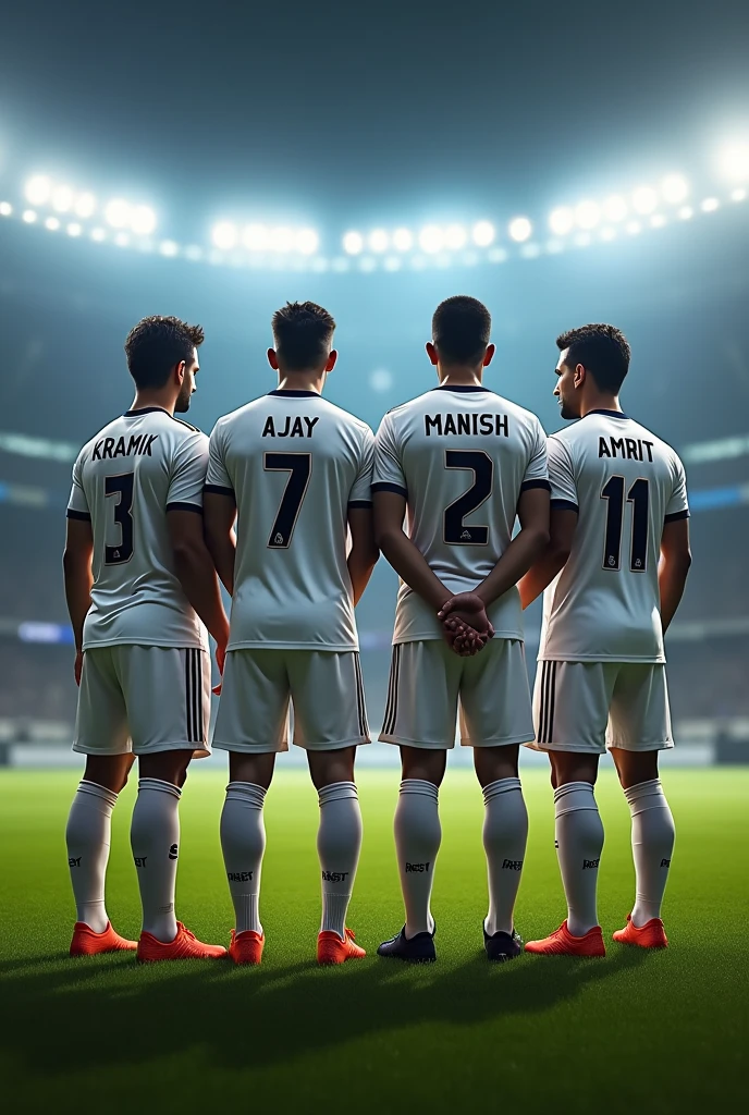 Photo of soccer players standing with name kramik,ajay,manish,amrit in their back of shirt in soccer stadium with madrid shirt


