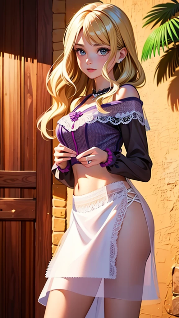 (Realistic:1.4), (Masterpiece, Sidelight,: 1.2), Masterpiece, Very detailed and fine beautiful eyes, Very beautiful face, Portrait, Realistic, 3D face, Glowing eyes, Glowing hair, Glowing skin, Alone, Embarrassed, (midriff), Purple very fine lace sheer underwear, Gorgeous dress, Blonde, Long sleeves, Long hair, Angle from below, Aquamarine, Jewel Room