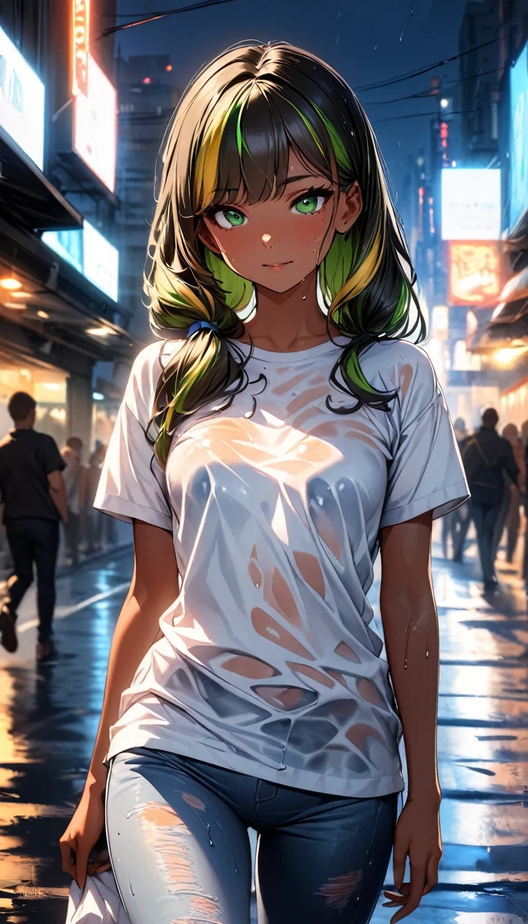 (highest quality:1.2, Very detailed, up to date, Vibrant, Ultra-high resolution, High Contrast, masterpiece:1.2, highest quality, Best aesthetics), Portraiture、girl、((25 years old:1.5)), (slim:1), 25-years-old, (trucker cap:1), white t-shirt, jeans, Bright colors、Beautiful fine details、Beautiful lip detail、long hair, (low ponytail:1), white and yellow green ((streaked hair:1.6)), highlights hair: 1.5, (small breast,:1) (tan skin:1.1), (running:1), night city, (wet overflow, wet on hair, wet on body, wet on clothes), Heavy rain:1.5, cowboy shot, look at viewer