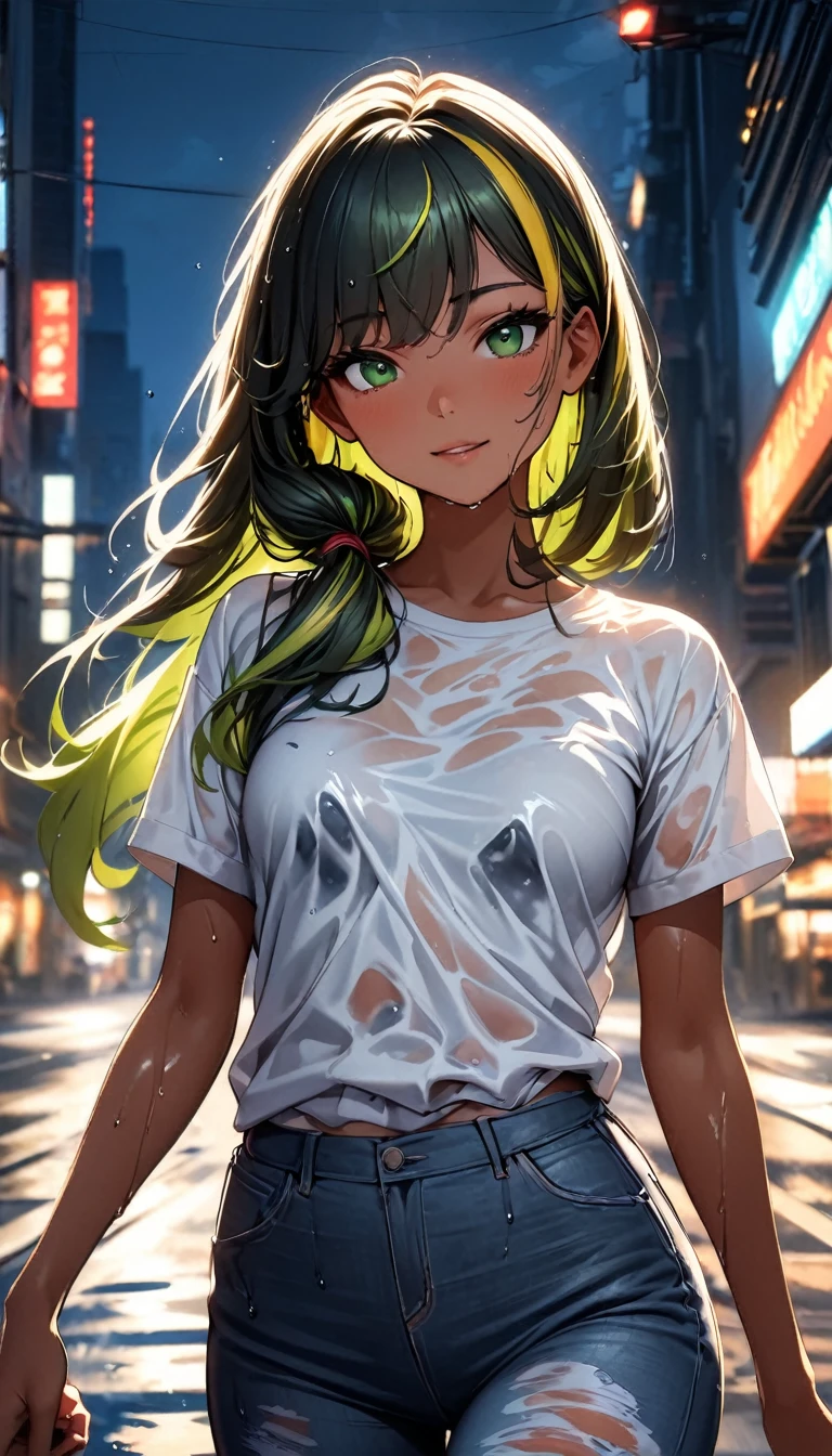 (highest quality:1.2, Very detailed, up to date, Vibrant, Ultra-high resolution, High Contrast, masterpiece:1.2, highest quality, Best aesthetics), Portraiture、girl、((25 years old:1.5)), (slim:1), 25-years-old, (trucker cap:1), white t-shirt, jeans, Bright colors、Beautiful fine details、Beautiful lip detail、long hair, (low ponytail:1), white and yellow green ((streaked hair:1.6)), highlights hair: 1.5, (small breast,:1) (tan skin:1.1), (running:1), night city, (wet overflow, wet on hair, wet on body, wet on clothes), Heavy rain:1.5, cowboy shot, look at viewer