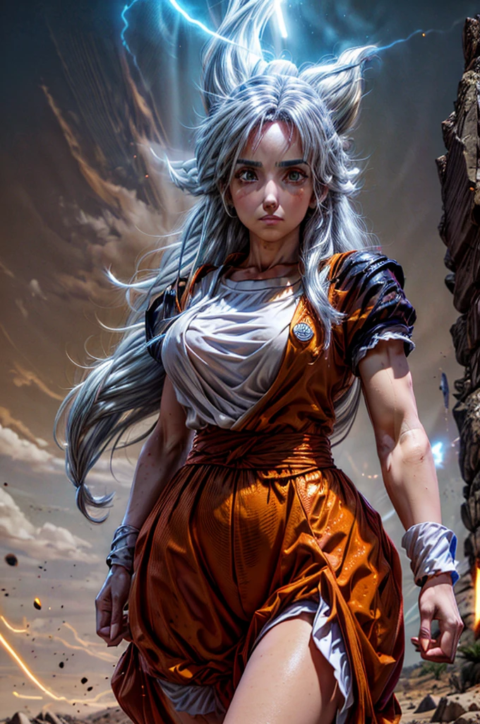 8k, Best Quality, masterpiece, Victoria Villarruel dressed as Goku, 1 girl, ultra_instinct, white_hair, glowing aura, bright white long hair, floating hair raised, bright silver eyes, slim with wide hips, serious mocking expression. outdoor, clearing, plain, desert.