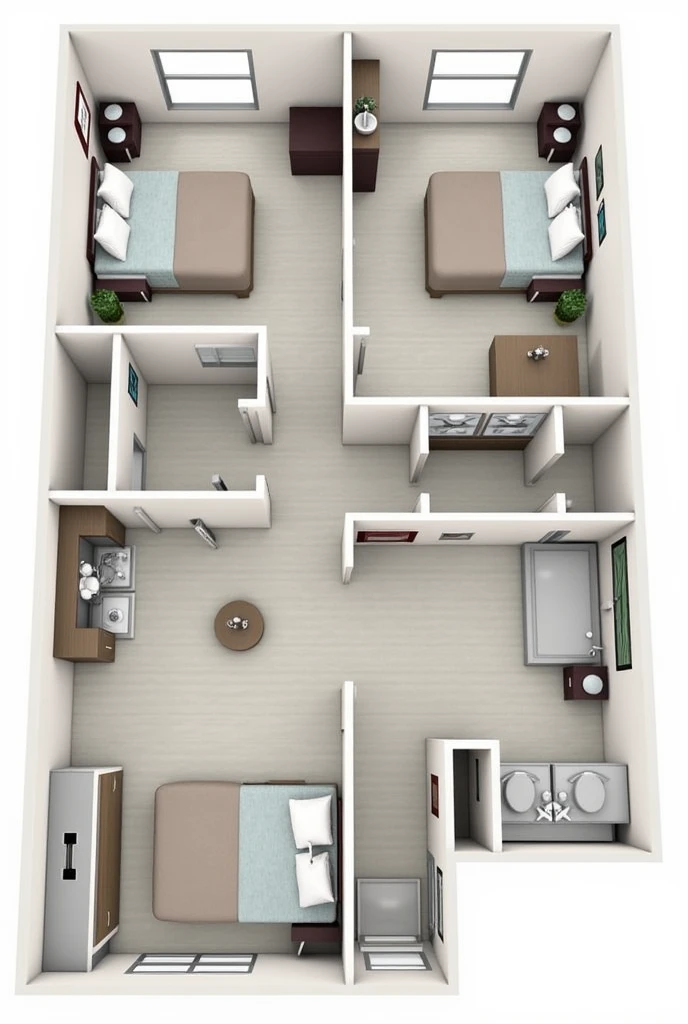 A 3D plan should be drawn in which there will be four rooms. Attached bathroom in two rooms, a common bathroom and a kitchen with a staircase