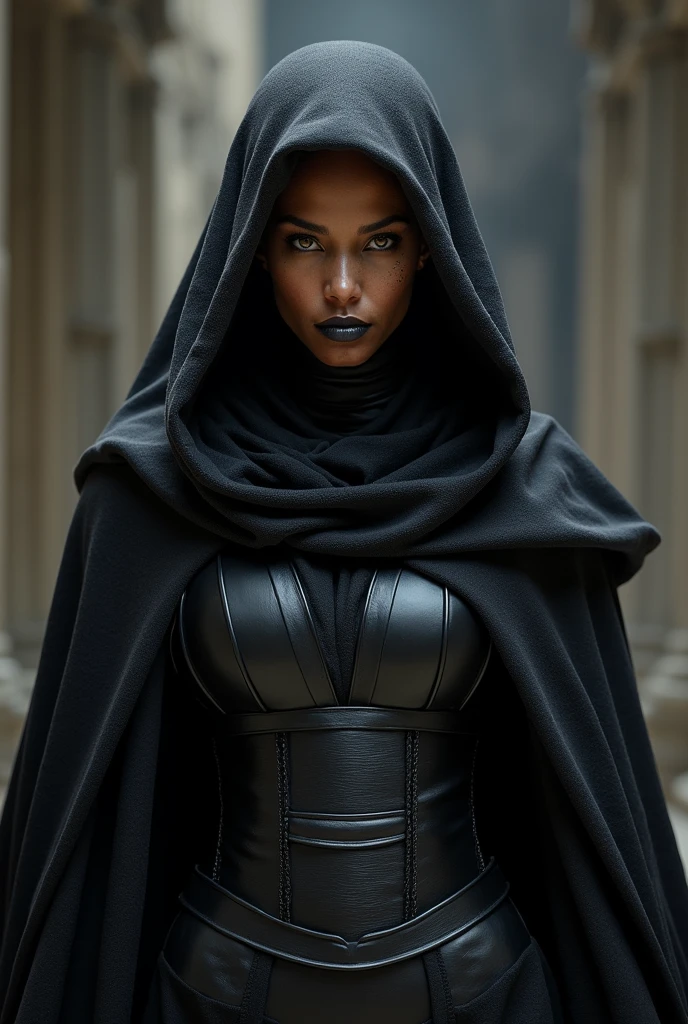 Female sith, buzzcut, dark skin, black body armor, black robe, standing, frontal, black hood