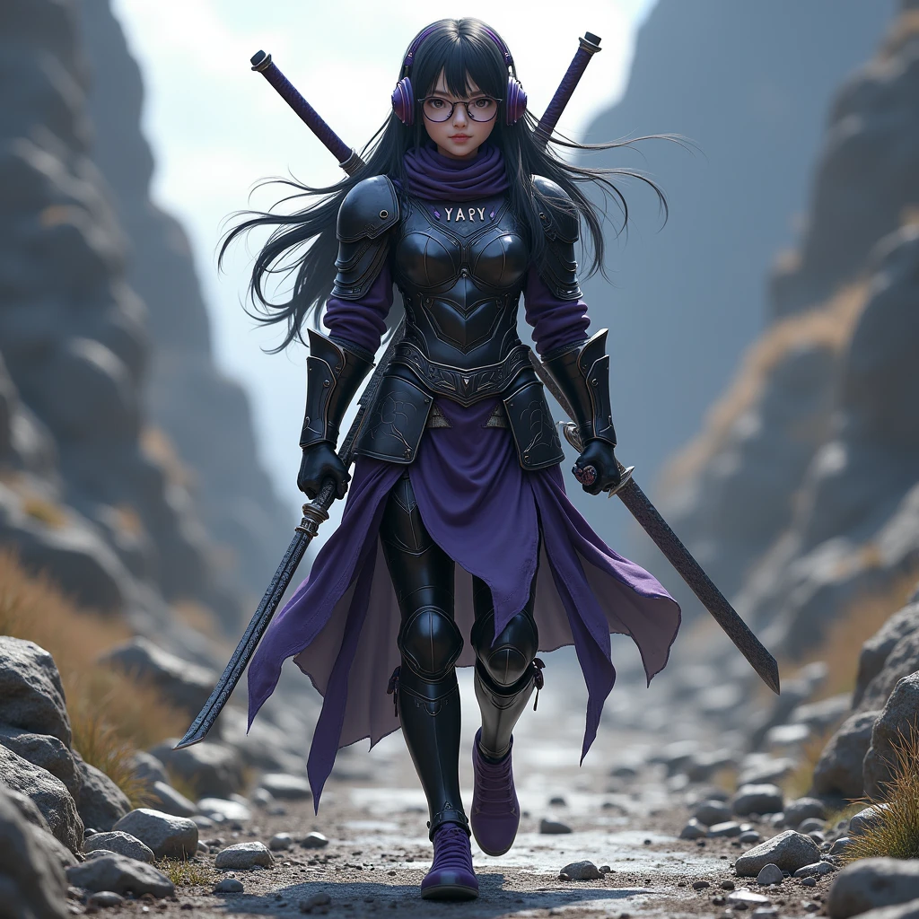 realistic image of a 17 year old girl with long black hair,has a scar on his right cheek and black armor,carry two swords on the back wear purple shoes , with purple sword, walking on a rocky road, wearing a purple headset and glasses wear trousers and heavy black armor with the words "Yary" on the left chest wearing Long black training with a black 9-tailed fox tail (appearance from head to toe)