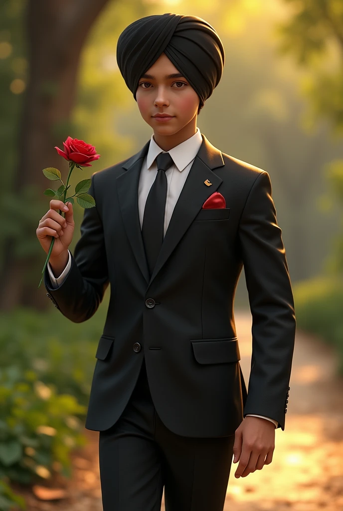 A Sikh boy wear black suit his right hand a rose following a girl